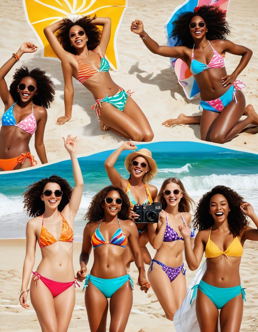 A sun-drenched beach scene featuring a diverse group of friends joyfully wearing colorful bikinis, capturing moments of laughter and connection. Include elements like seashells, beach towels, and a vintage camera to symbolize memories, with gentle waves lapping in the background. Use warm, vibrant colors to evoke a sense of nostalgia and joy. super-realistic. vibrant colors. summer theme.